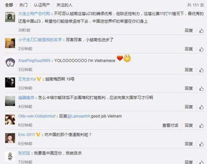 Dân mạng TQ bình luận sau chiến thắng của U23 Việt Nam trước U23 Qatar ( dịch trên mạng xã hội Webibo của Trung Quốc)