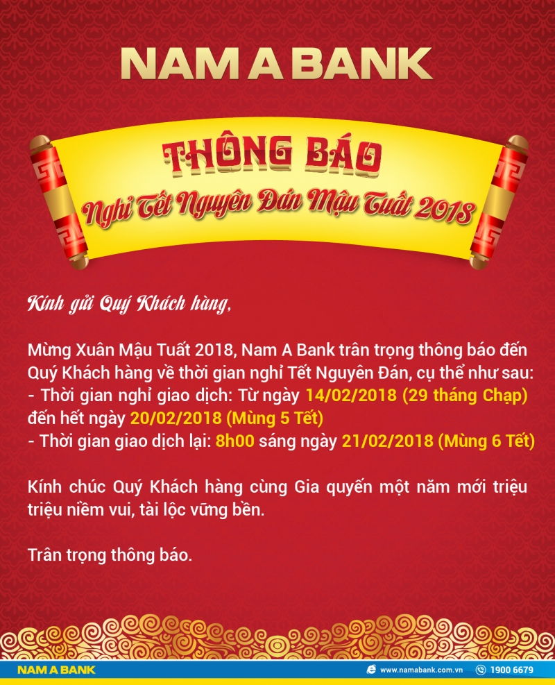 Lịch nghỉ tết của ngân hàng Nam Á