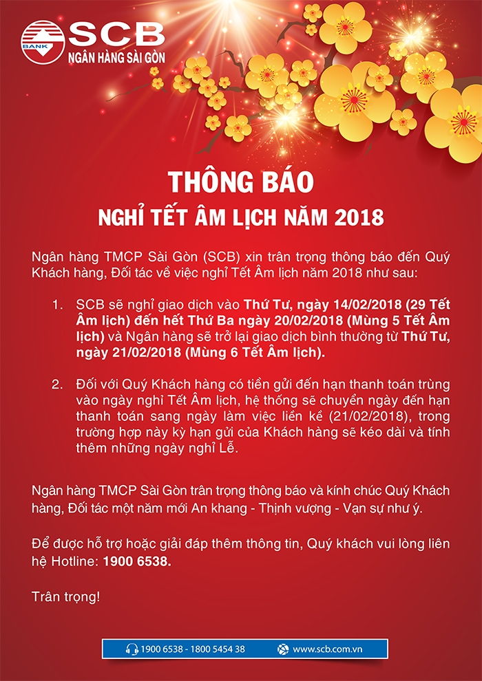 Lịch nghỉ tết của ngân hàng TMCP Sài Gòn (SCB)