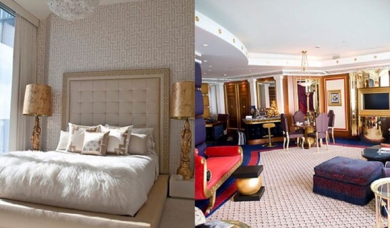 Phòng khách rộng thênh thang và phòng ngủ với ga trải giường, gối toàn đồ Versace