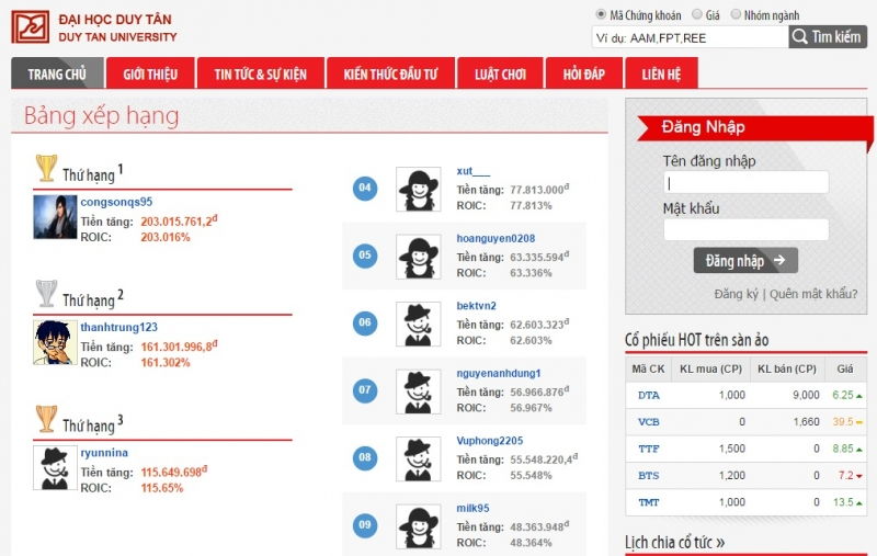 Sàn giao dịch chứng khoán ảo trường Đại học Duy Tân