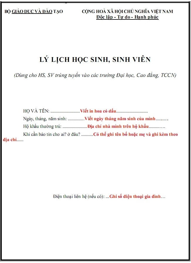 TRANG 1: BÌA NGOÀI - LÝ LỊCH HỌC SINH SINH VIÊN