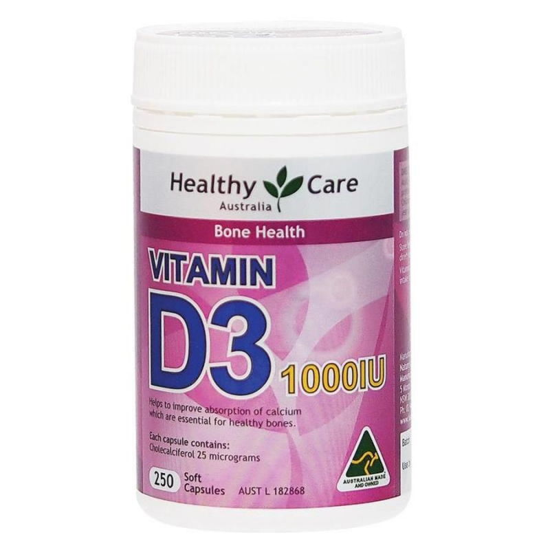 Viên uống bổ sung Vitamin D3 1000 IU Healthy Care hộp 250 viên của Úc