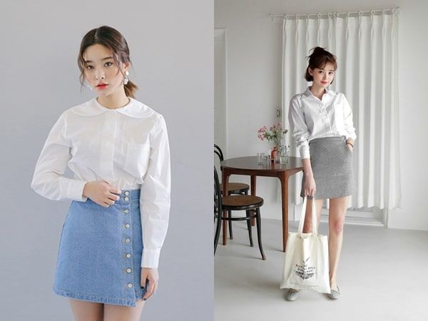 Váy jeans kết hợp với áo sơ mi