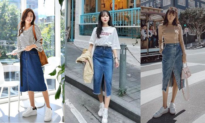 Váy jeans kết hợp với áo thun