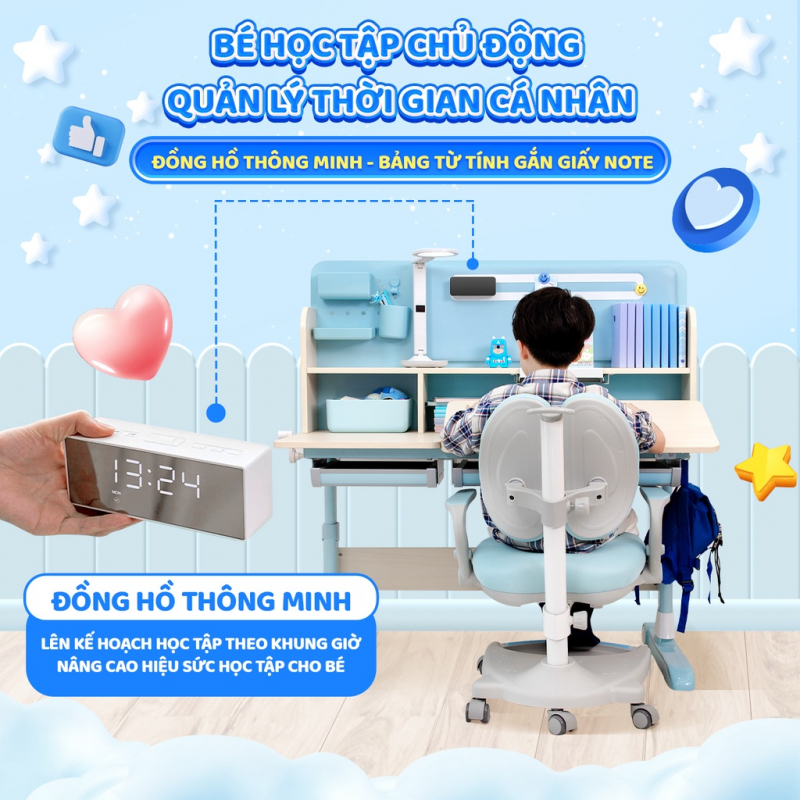 Bàn học cho bé cao cấp Chilux Smart D chống gù, chống cận, nâng hạ chiều cao, thay đổi độ nghiêng, kệ sách lớn