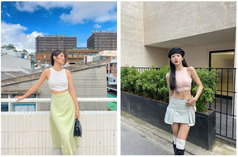 Chân váy chữ A phối cùng áo tanktop phong cách
