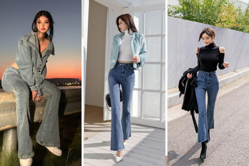 Quần ống loe kết hợp với áo khoác denim