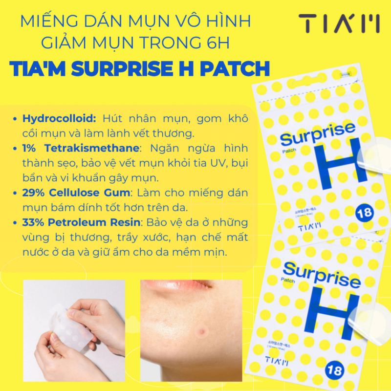 Miếng dán mụn Hydrocoloid siêu mỏng Tia'm Surprise H Patch 18 miếng Miếng dán mụn Hydrocoloid siêu mỏng Tia'm Surprise H Patch 18 miếng